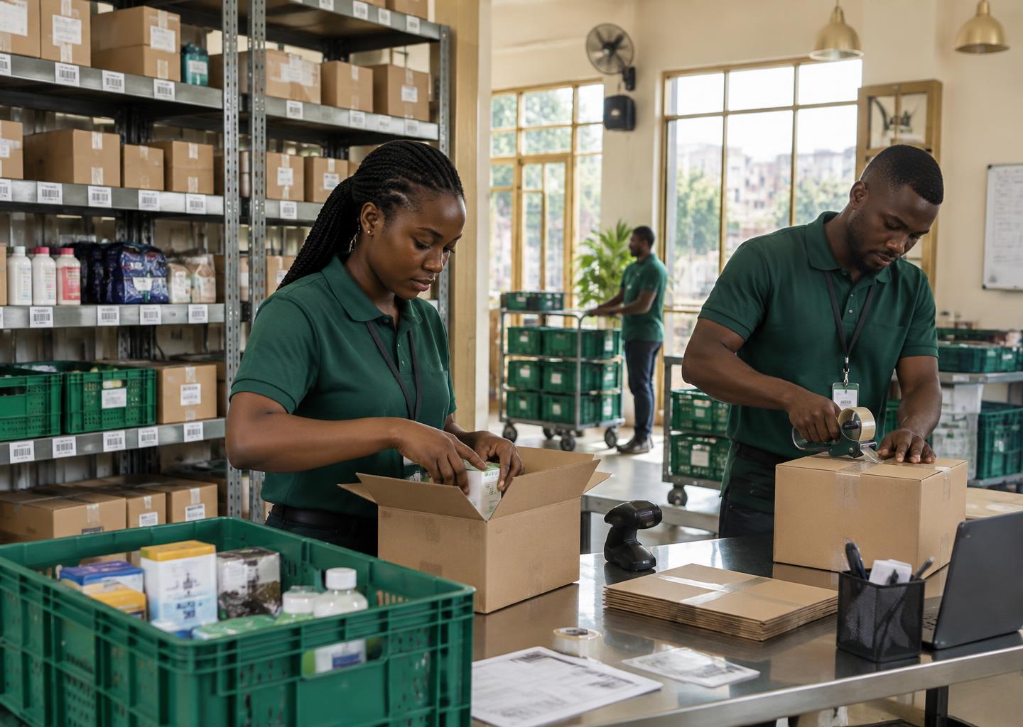 Peacock fulfilment team preparing ecommerce orders in an organised Nigerian hub